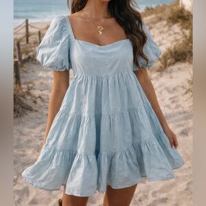 Sky Blue Cotton Puff Sleeve Tiered Babydoll Coquette Milkmaid Mini Dress Boho